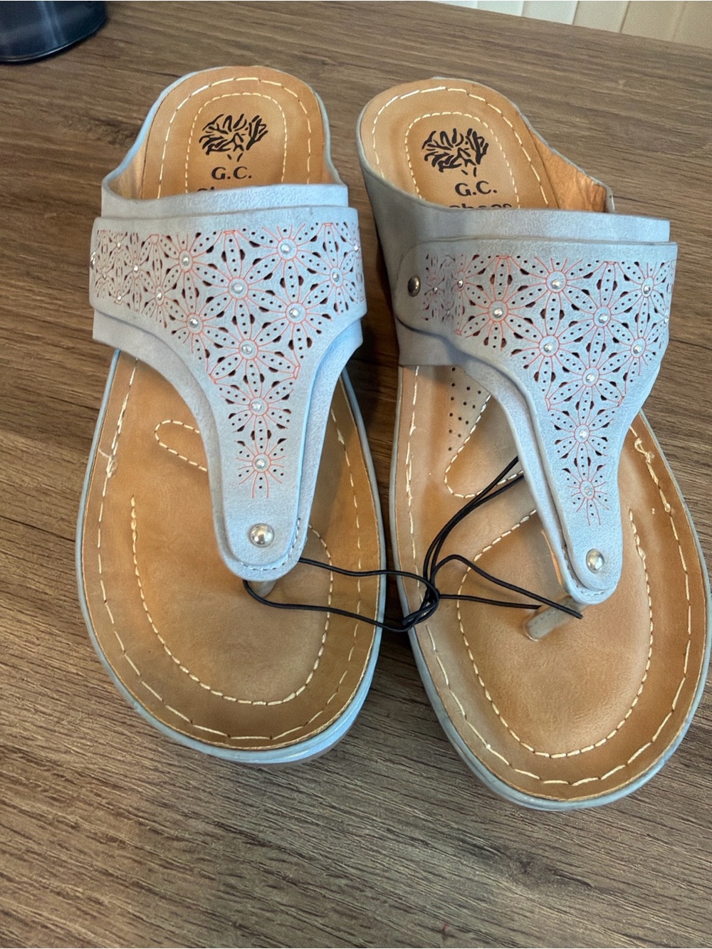 Women's Light Blue  Embossed Thong Sandals